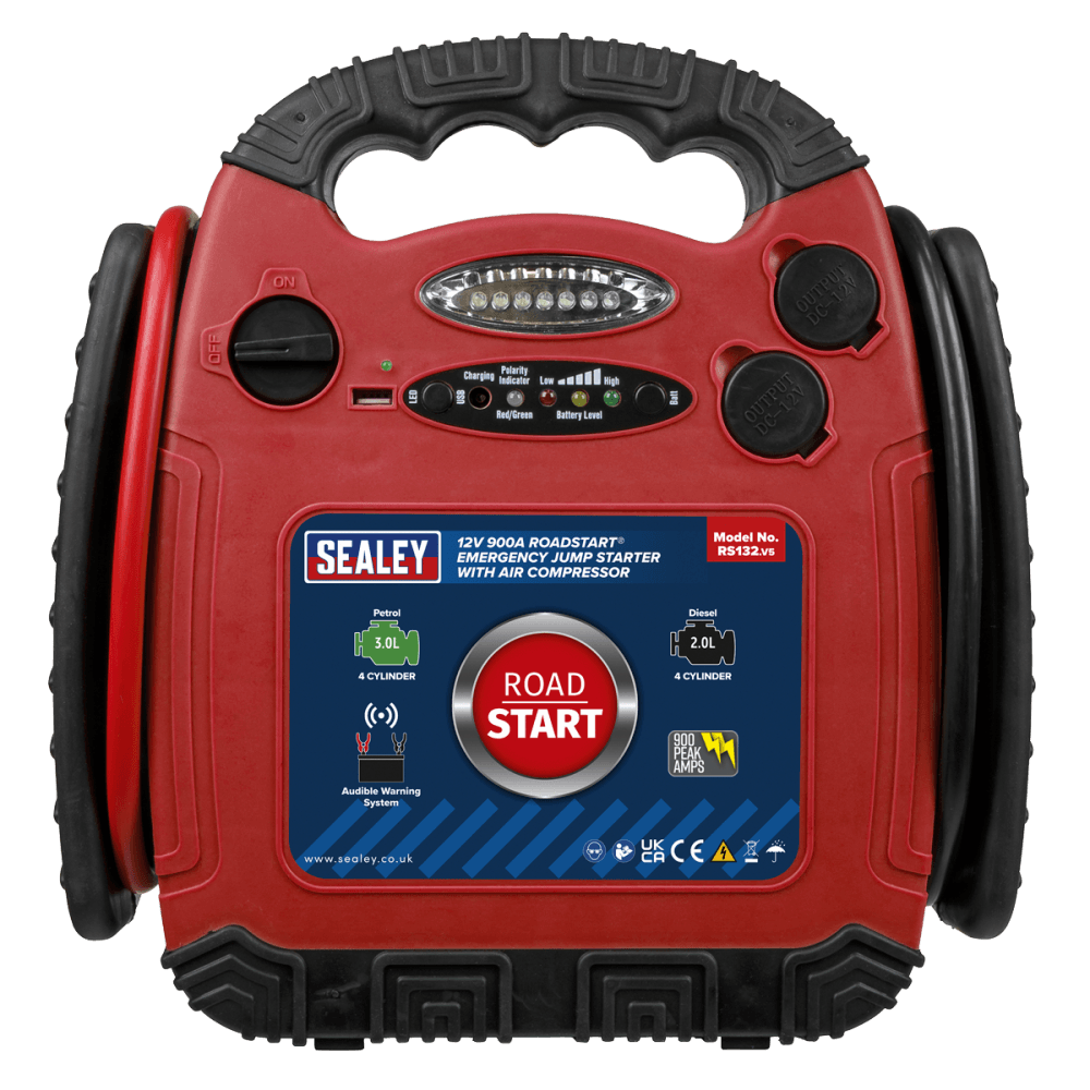 Sealey RoadStart Emergency Power Pack with Air Compressor 12V 900 Peak Amps Model No-RS132