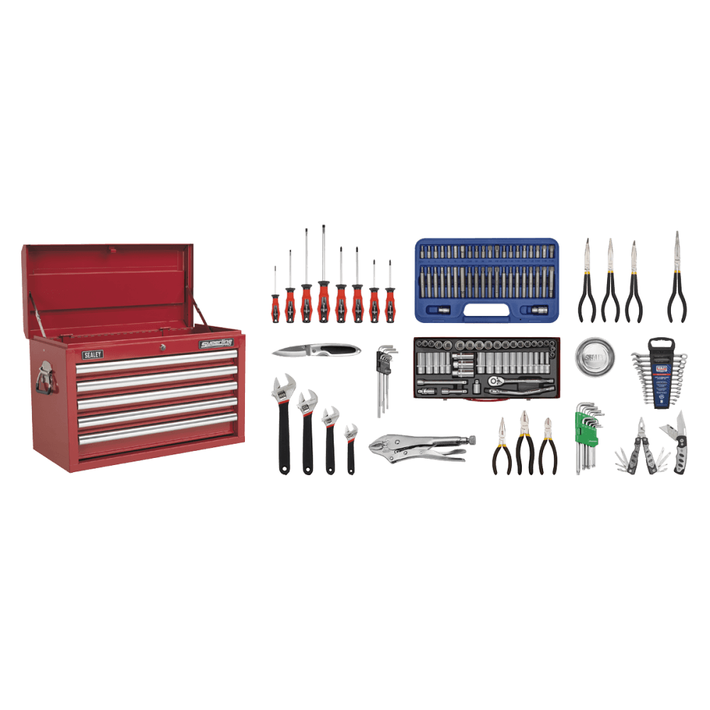 Sealey Topchest 5 Drawer with Ball Bearing Runners - Red & 138pc Tool Kit Model No-AP33059COMBO