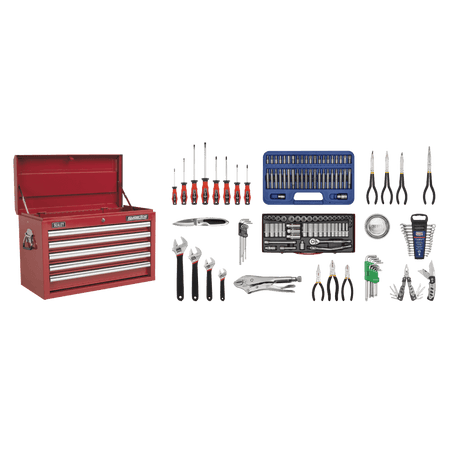 Sealey Topchest 5 Drawer with Ball Bearing Runners - Red & 138pc Tool Kit Model No-AP33059COMBO