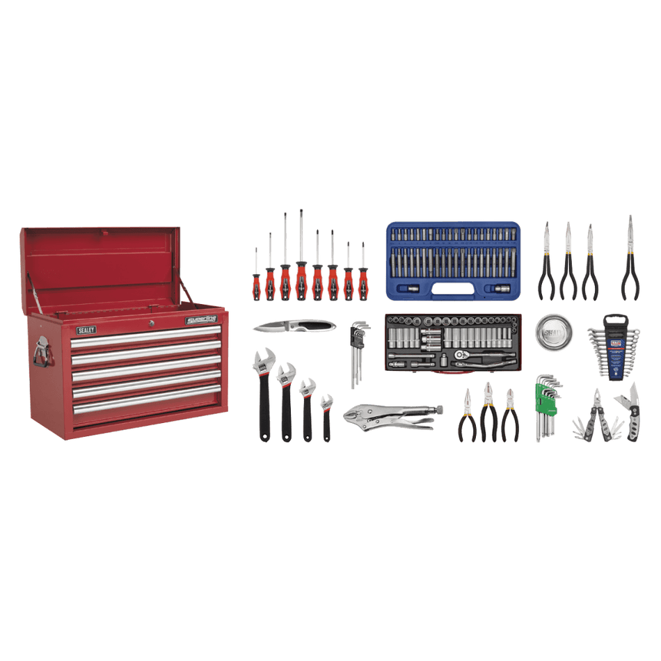 Sealey Topchest 5 Drawer with Ball Bearing Runners - Red & 138pc Tool Kit Model No-AP33059COMBO