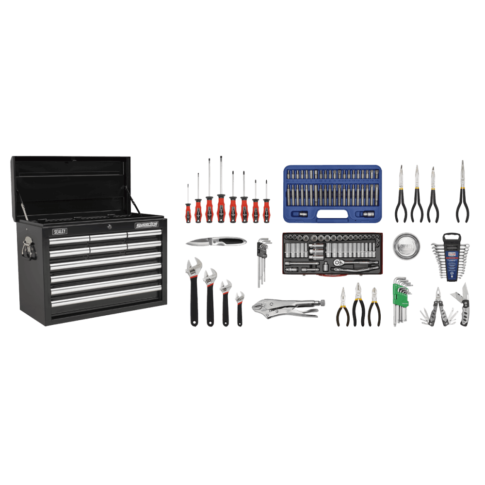 Sealey Topchest 10 Drawer with Ball Bearing Runners - Black & 138pc Tool Kit Model No-AP33109BCOMBO