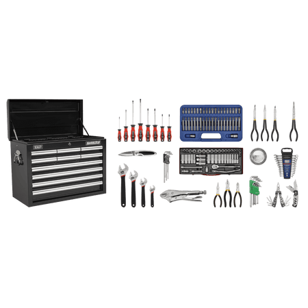 Sealey Topchest 10 Drawer with Ball Bearing Runners - Black & 138pc Tool Kit Model No-AP33109BCOMBO