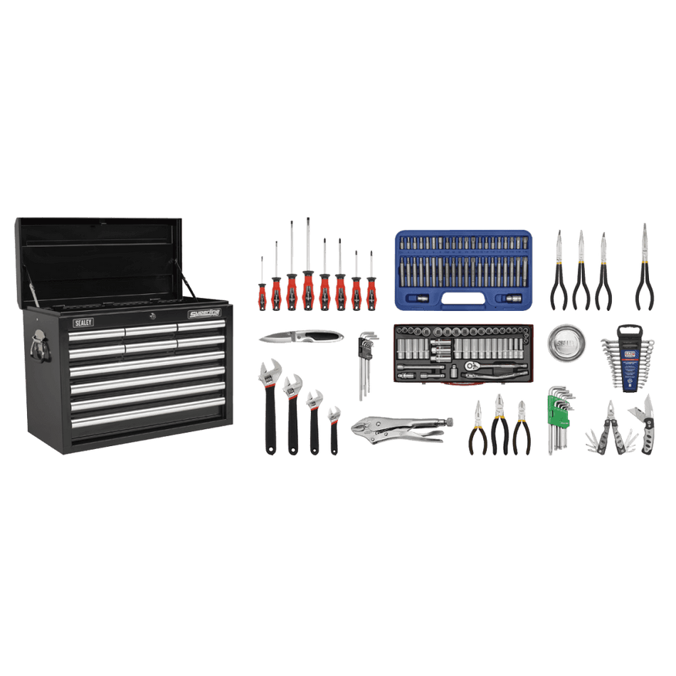 Sealey Topchest 10 Drawer with Ball Bearing Runners - Black & 138pc Tool Kit Model No-AP33109BCOMBO