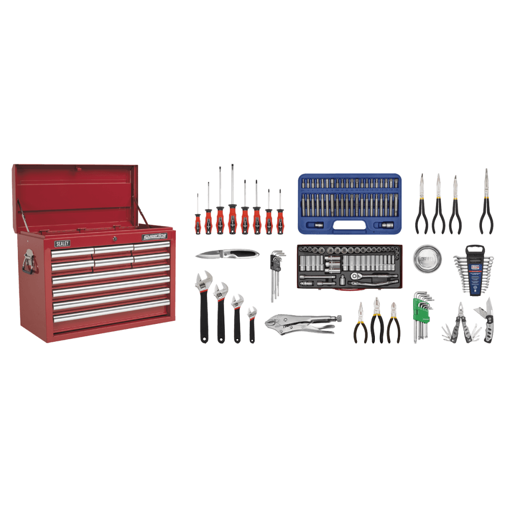 Sealey Topchest 10 Drawer with Ball Bearing Runners - Red & 138pc Tool Kit Model No-AP33109COMBO