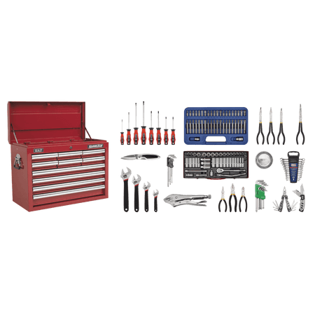 Sealey Topchest 10 Drawer with Ball Bearing Runners - Red & 138pc Tool Kit Model No-AP33109COMBO