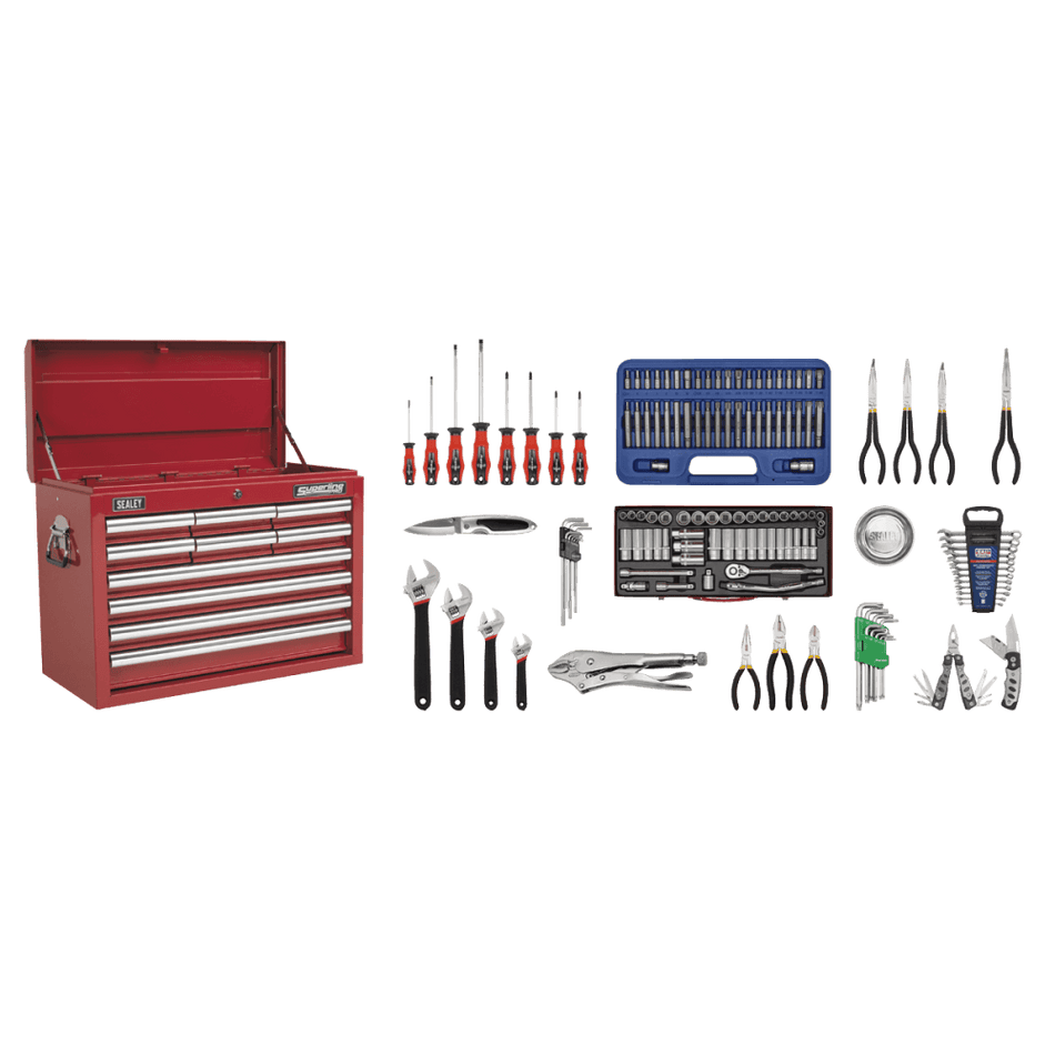 Sealey Topchest 10 Drawer with Ball Bearing Runners - Red & 138pc Tool Kit Model No-AP33109COMBO