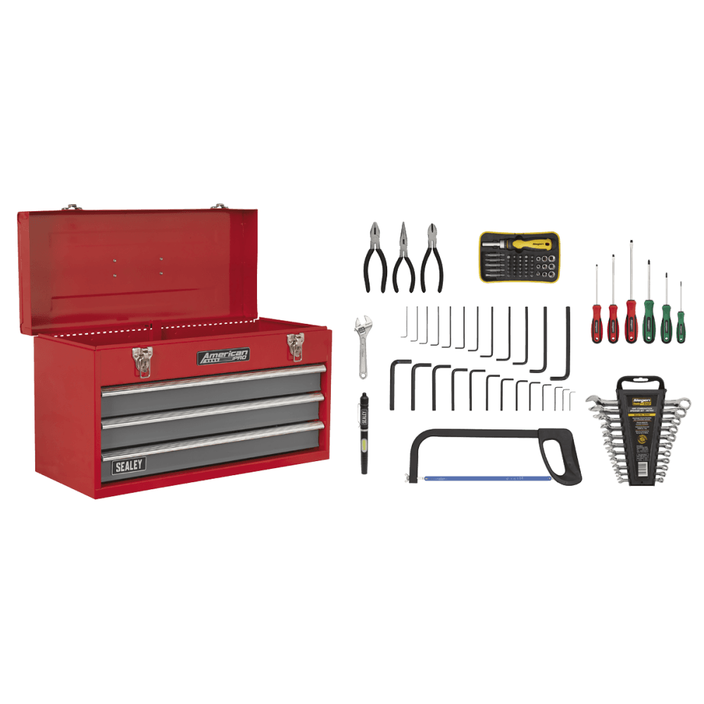 Sealey Portable Tool Chest 3 Drawer with Ball Bearing Runners - Red/Grey & 72pc Tool Kit Model No-AP9243BBCOMBO