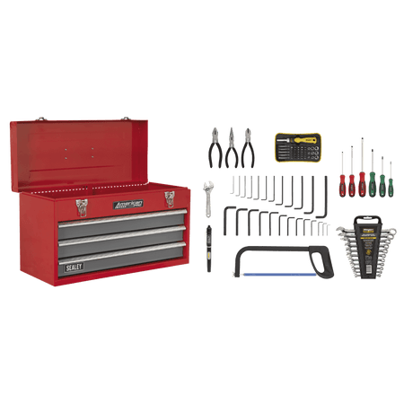 Sealey Portable Tool Chest 3 Drawer with Ball Bearing Runners - Red/Grey & 72pc Tool Kit Model No-AP9243BBCOMBO