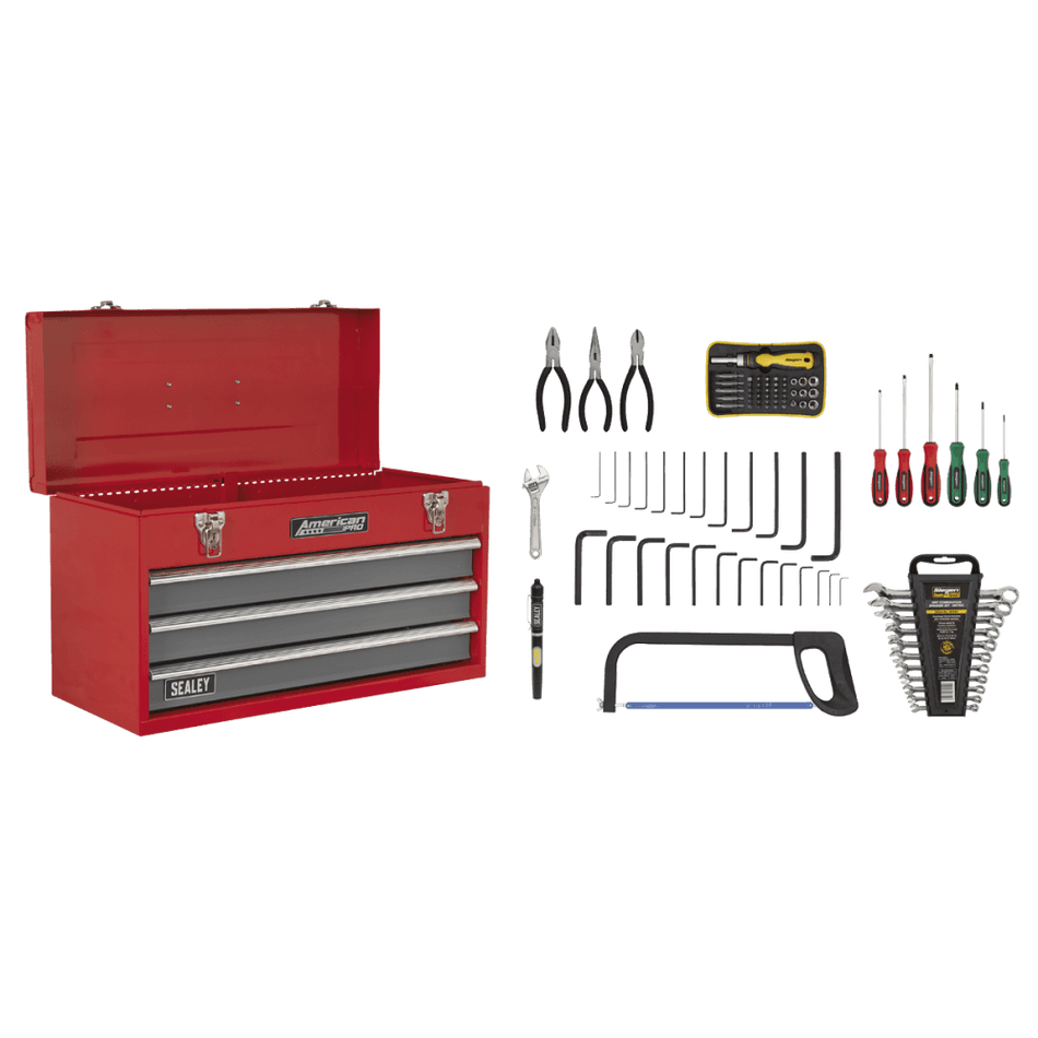 Sealey Portable Tool Chest 3 Drawer with Ball Bearing Runners - Red/Grey & 72pc Tool Kit Model No-AP9243BBCOMBO