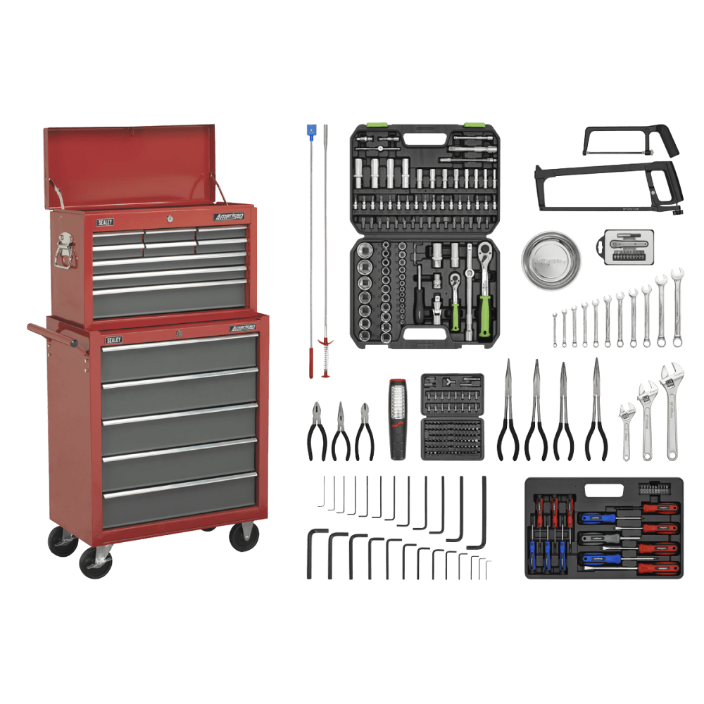 Sealey Topchest & Rollcab Combination 14 Drawer with Ball Bearing Runners - Red/Grey & 239pc Tool Kit Model No-AP2250BBCOMBO