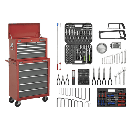Sealey Topchest & Rollcab Combination 14 Drawer with Ball Bearing Runners - Red/Grey & 239pc Tool Kit Model No-AP2250BBCOMBO