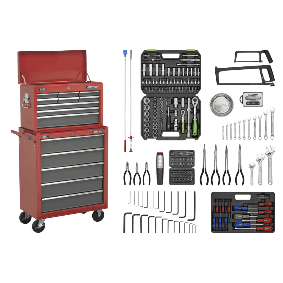 Sealey Topchest & Rollcab Combination 14 Drawer with Ball Bearing Runners - Red/Grey & 239pc Tool Kit Model No-AP2250BBCOMBO