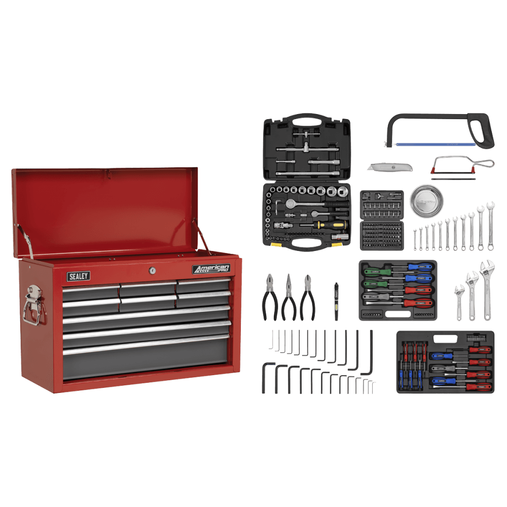 Sealey Topchest 9 Drawer with Ball Bearing Runners - Red/Grey & 204pc Tool Kit Model No-AP22509BBCOMB
