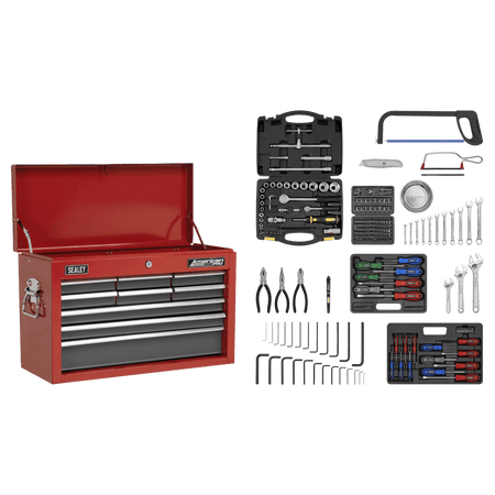 Sealey Topchest 9 Drawer with Ball Bearing Runners - Red/Grey & 204pc Tool Kit Model No-AP22509BBCOMB