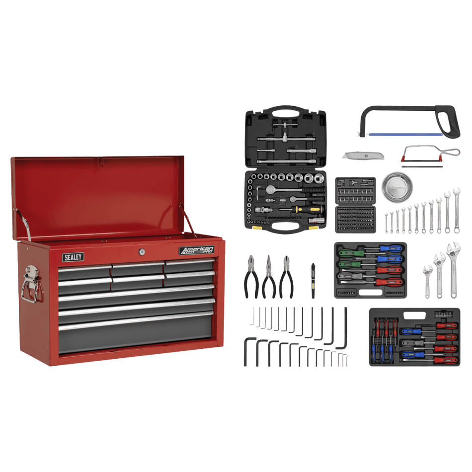Sealey Topchest 9 Drawer with Ball Bearing Runners - Red/Grey & 204pc Tool Kit Model No-AP22509BBCOMB