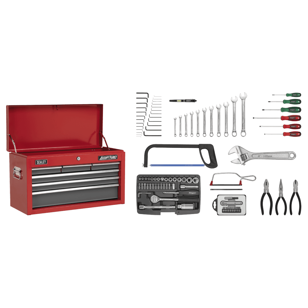 Sealey Topchest 6 Drawer with Ball Bearing Runners - Red/Grey & 97pc Tool Kit Model No-AP2201BBCOMBO
