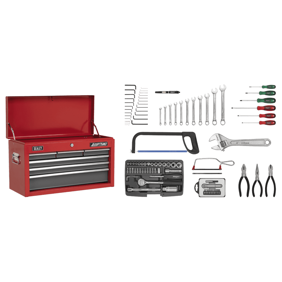 Sealey Topchest 6 Drawer with Ball Bearing Runners - Red/Grey & 97pc Tool Kit Model No-AP2201BBCOMBO