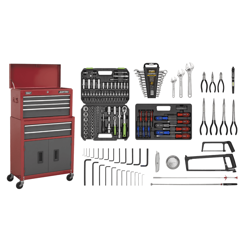 Sealey Topchest & Rollcab Combination 6 Drawer with Ball Bearing Runners - Red/Grey & 128pc Tool Kit Model No-AP2200BBCOMBO