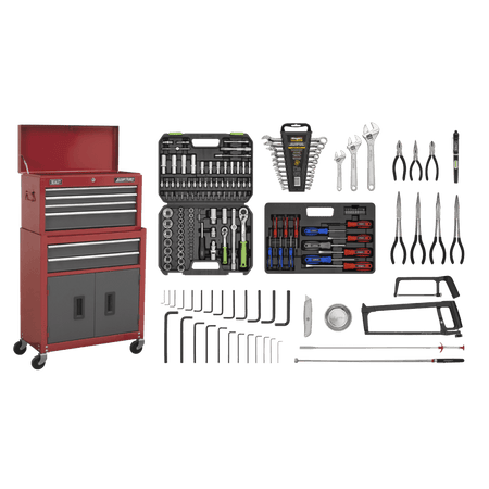 Sealey Topchest & Rollcab Combination 6 Drawer with Ball Bearing Runners - Red/Grey & 128pc Tool Kit Model No-AP2200BBCOMBO