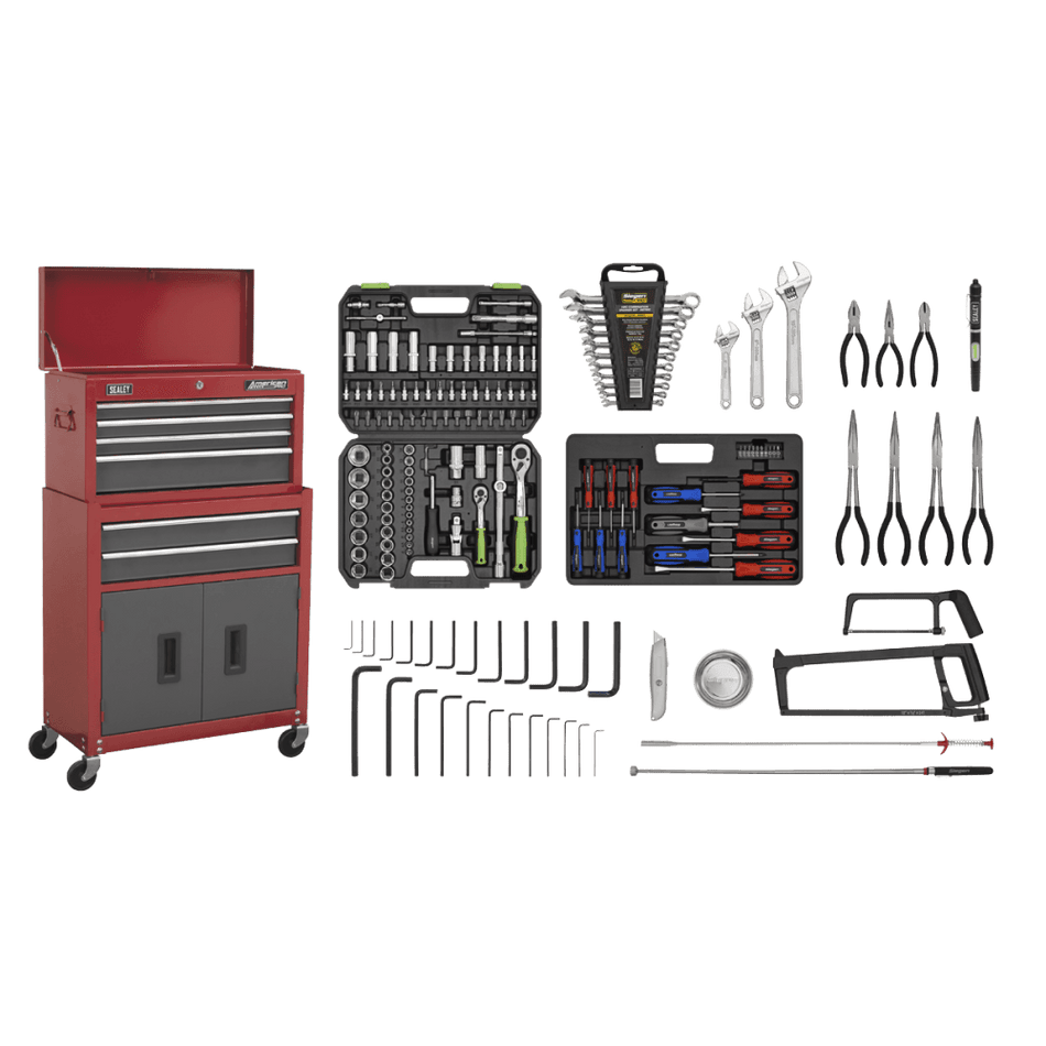 Sealey Topchest & Rollcab Combination 6 Drawer with Ball Bearing Runners - Red/Grey & 128pc Tool Kit Model No-AP2200BBCOMBO