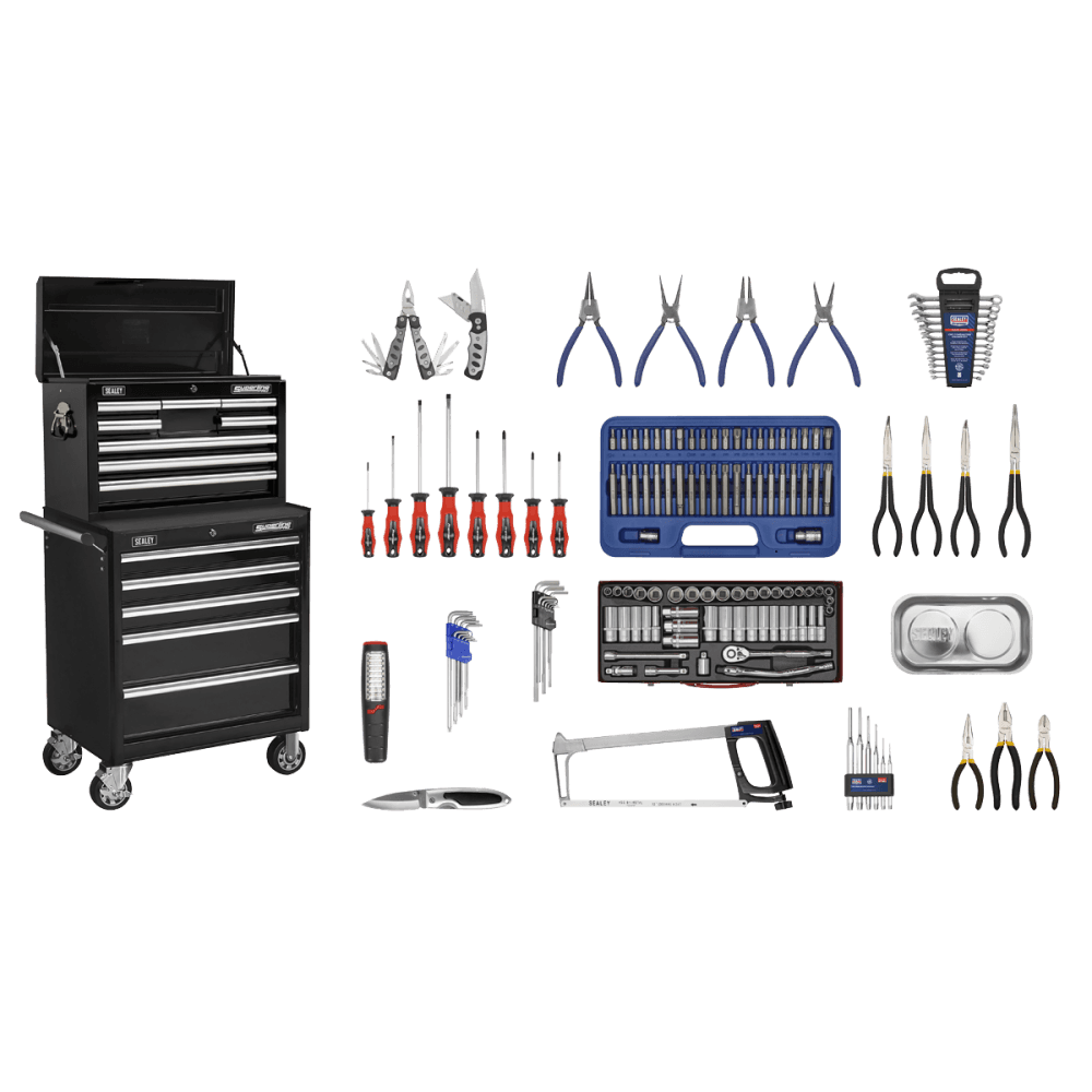 Sealey Topchest & Rollcab Combination 15 Drawer with Ball Bearing Runners - Black & 147pc Tool Kit Model No-APCOMBOBBTK58
