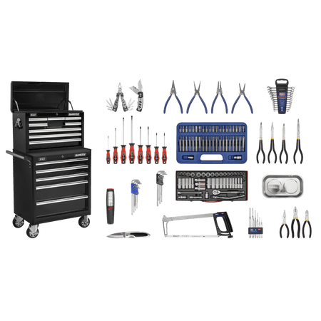 Sealey Topchest & Rollcab Combination 15 Drawer with Ball Bearing Runners - Black & 147pc Tool Kit Model No-APCOMBOBBTK58
