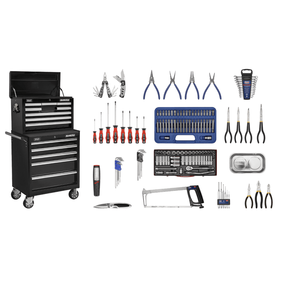 Sealey Topchest & Rollcab Combination 15 Drawer with Ball Bearing Runners - Black & 147pc Tool Kit Model No-APCOMBOBBTK58
