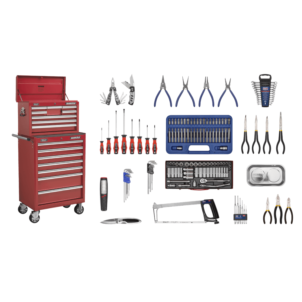 Sealey Topchest & Rollcab Combination 15 Drawer with Ball Bearing Runners - Red & 147pc Tool Kit Model No-APCOMBOBBTK57