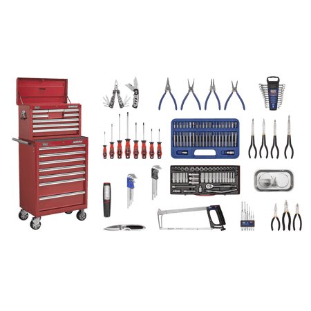 Sealey Topchest & Rollcab Combination 15 Drawer with Ball Bearing Runners - Red & 147pc Tool Kit Model No-APCOMBOBBTK57