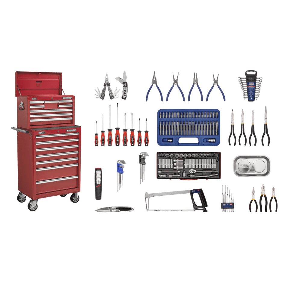 Sealey Topchest & Rollcab Combination 15 Drawer with Ball Bearing Runners - Red & 147pc Tool Kit Model No-APCOMBOBBTK57