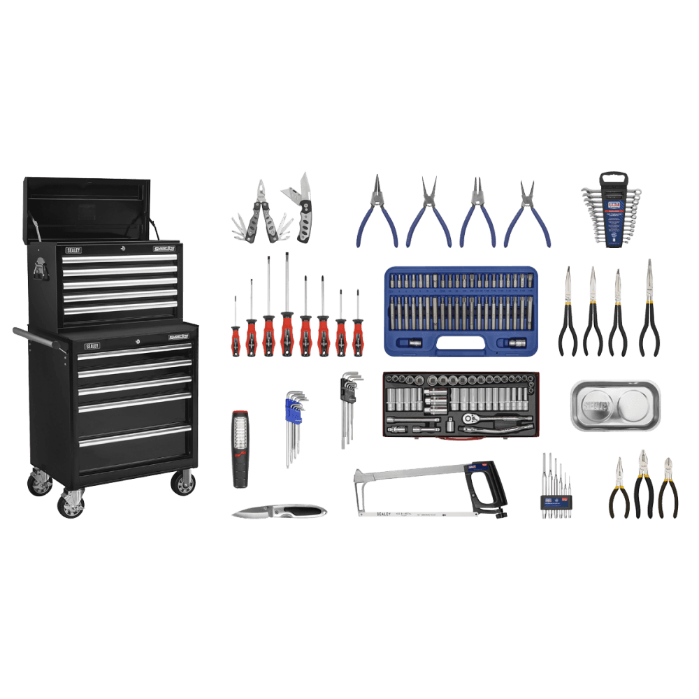 Sealey Topchest & Rollcab Combination 10 Drawer with Ball Bearing Runners - Black with 147pc Tool Kit Model No-APCOMBOBBTK56