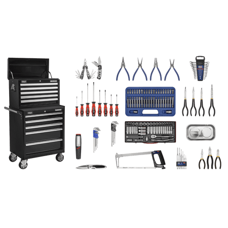 Sealey Topchest & Rollcab Combination 10 Drawer with Ball Bearing Runners - Black with 147pc Tool Kit Model No-APCOMBOBBTK56