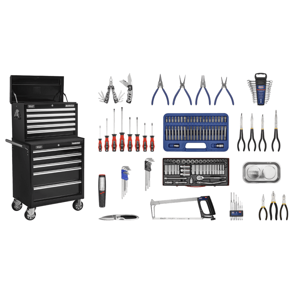 Sealey Topchest & Rollcab Combination 10 Drawer with Ball Bearing Runners - Black with 147pc Tool Kit Model No-APCOMBOBBTK56