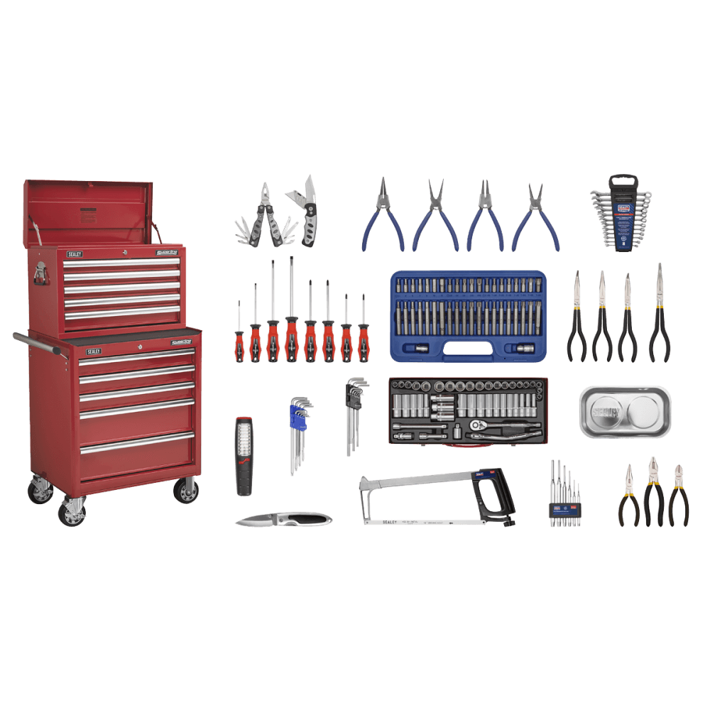 Sealey Topchest & Rollcab Combination 10 Drawer with Ball Bearing Runners - Red & 147pc Tool Kit Model No-APCOMBOBBTK55