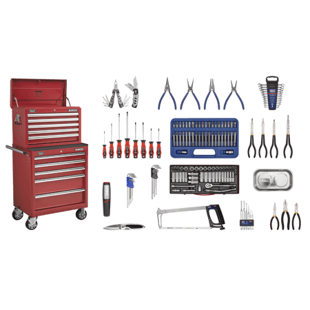 Sealey Topchest & Rollcab Combination 10 Drawer with Ball Bearing Runners - Red & 147pc Tool Kit Model No-APCOMBOBBTK55