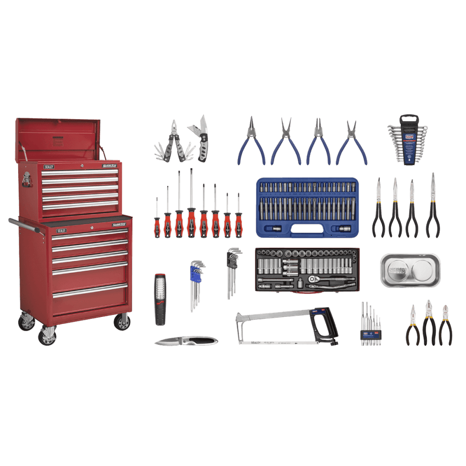 Sealey Topchest & Rollcab Combination 10 Drawer with Ball Bearing Runners - Red & 147pc Tool Kit Model No-APCOMBOBBTK55