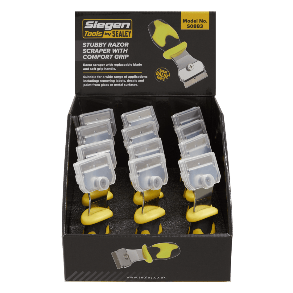 Sealey Razor Scraper with Comfort Grip Stubby Display Box of 12 Model No-S0883