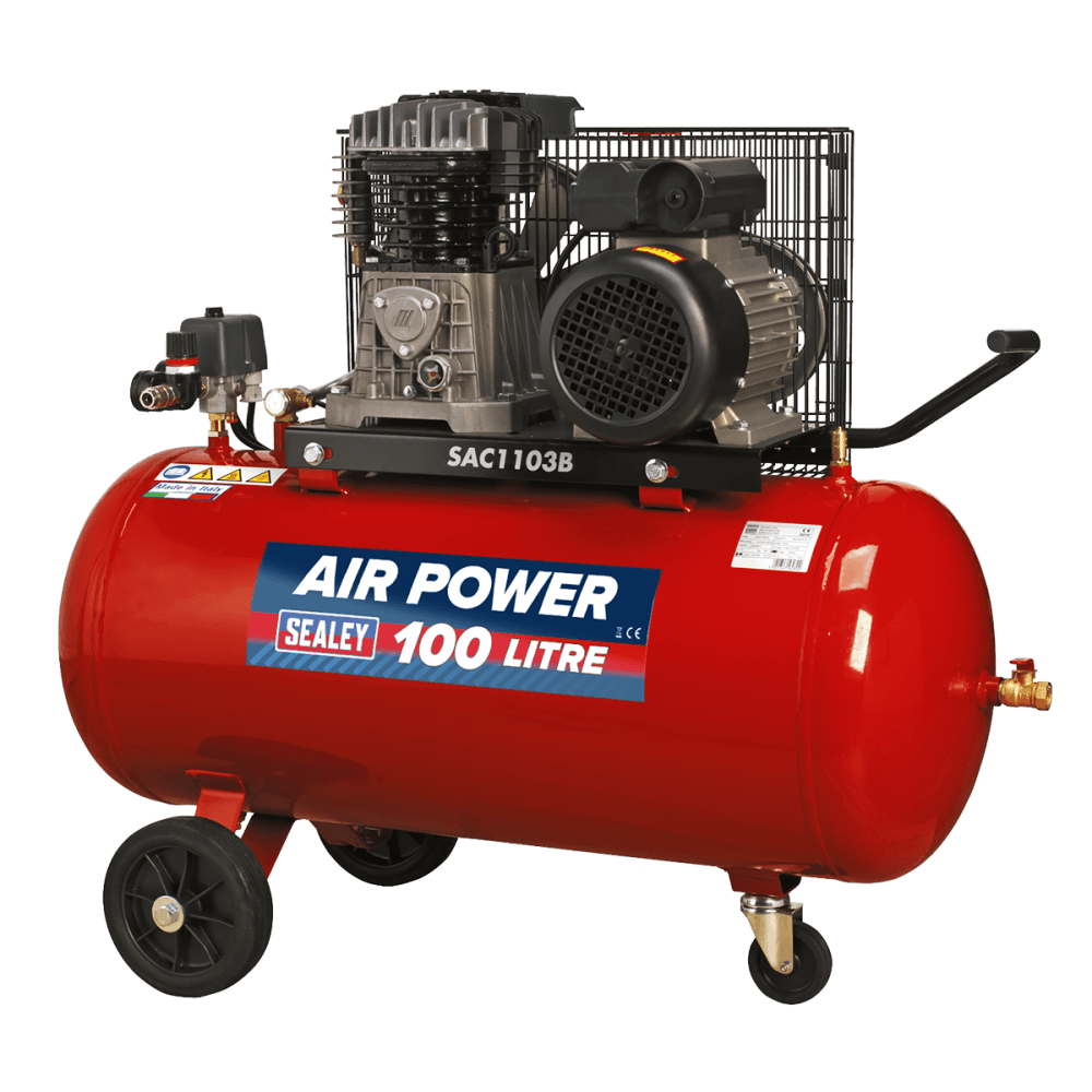Sealey Compressor 100ltr Belt Drive 3hp with Cast Cylinders & Wheels Model No-SAC1103B