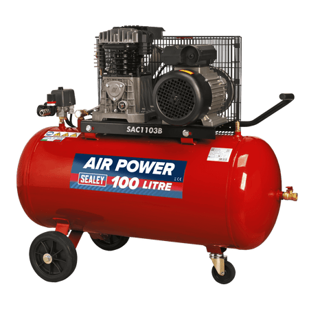 Sealey Compressor 100ltr Belt Drive 3hp with Cast Cylinders & Wheels Model No-SAC1103B