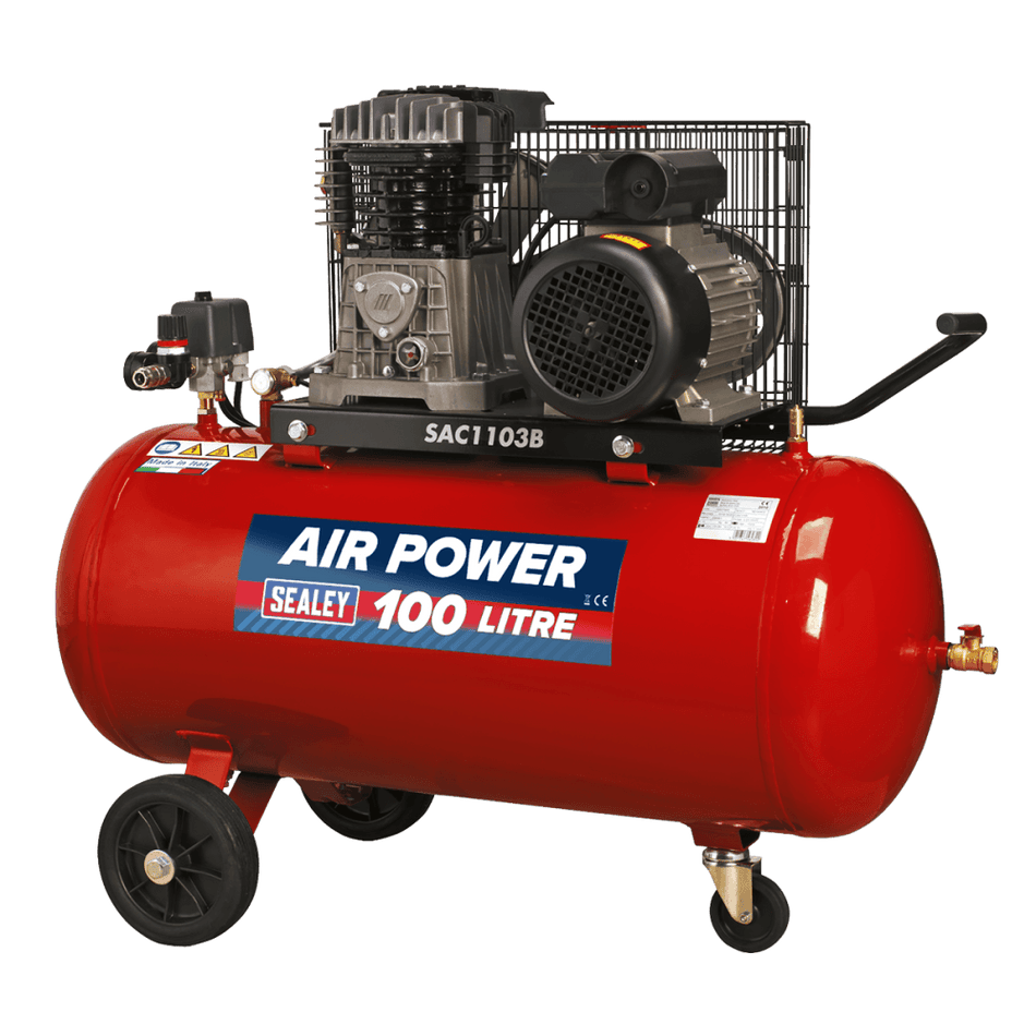 Sealey Compressor 100ltr Belt Drive 3hp with Cast Cylinders & Wheels Model No-SAC1103B