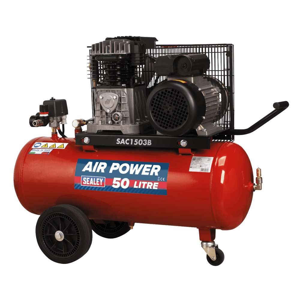Sealey Compressor 50ltr Belt Drive 3hp with Cast Cylinders & Wheels Model No-SAC1503B