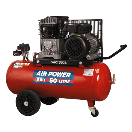 Sealey Compressor 50ltr Belt Drive 3hp with Cast Cylinders & Wheels Model No-SAC1503B