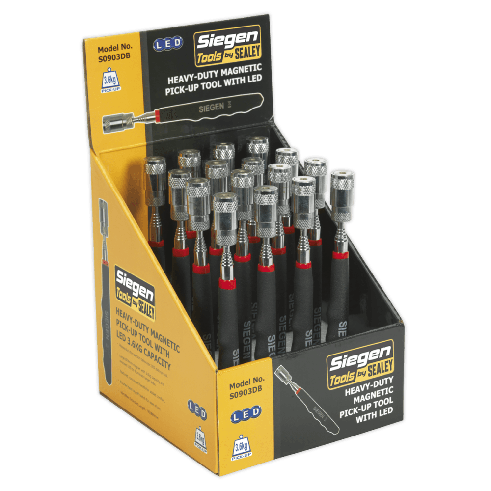 Sealey Heavy-Duty Magnetic Pick-Up Tool with LED 3.6kg Capacity Display Box of 16 Model No-S0903DB