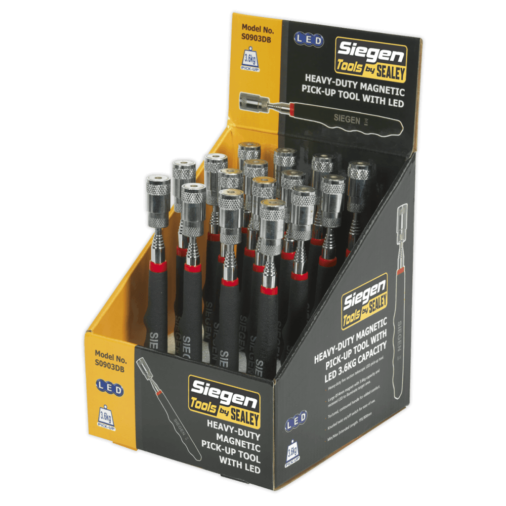 Sealey Heavy-Duty Magnetic Pick-Up Tool with LED 3.6kg Capacity Display Box of 16 Model No-S0903DB
