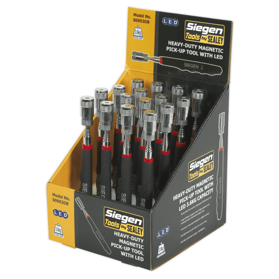 Sealey Heavy-Duty Magnetic Pick-Up Tool with LED 3.6kg Capacity Display Box of 16 Model No-S0903DB