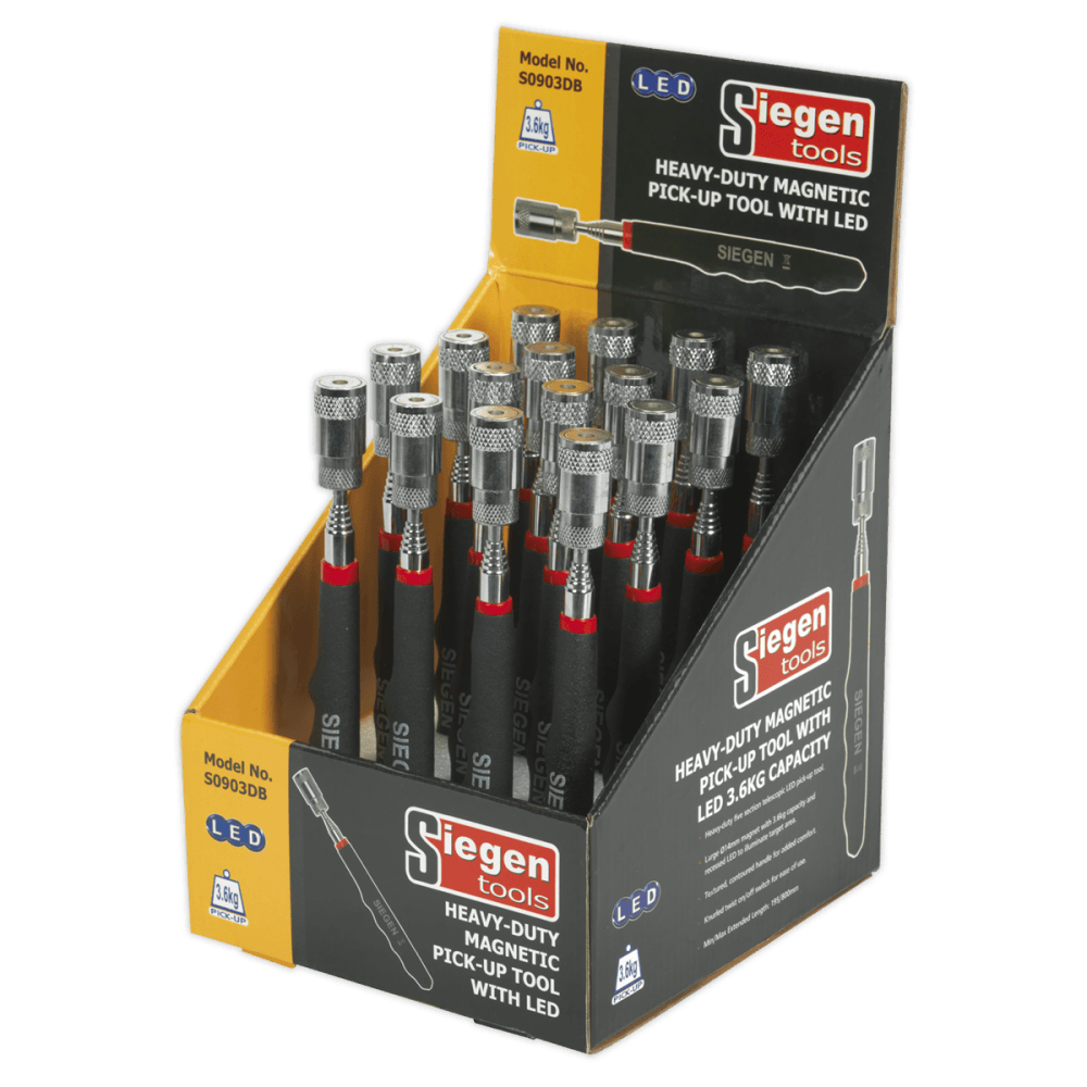 Sealey Heavy-Duty Magnetic Pick-Up Tool with LED 3.6kg Capacity Display Box of 16 Model No-S0903DB