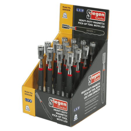 Sealey Heavy-Duty Magnetic Pick-Up Tool with LED 3.6kg Capacity Display Box of 16 Model No-S0903DB