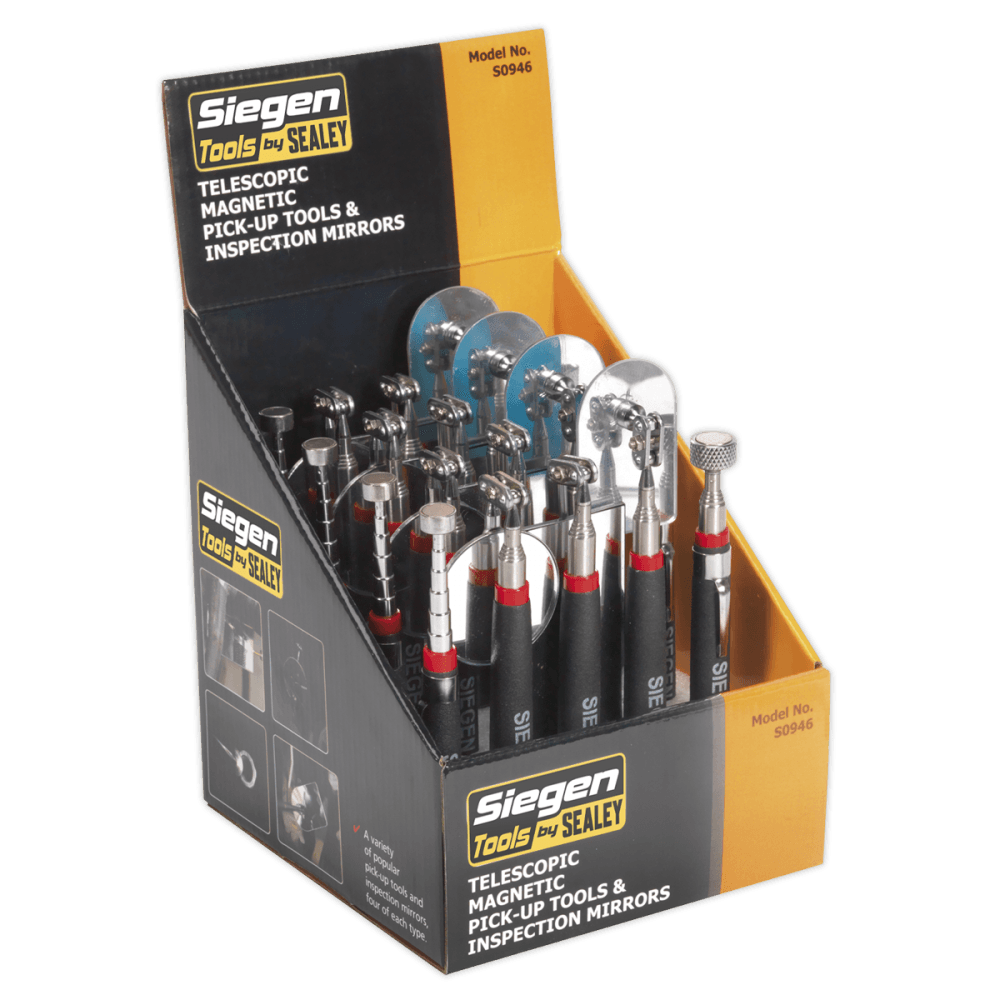 Sealey Telescopic Magnetic Pick-Up Tools & Inspection Mirrors Display Box of 20 Model No-S0946
