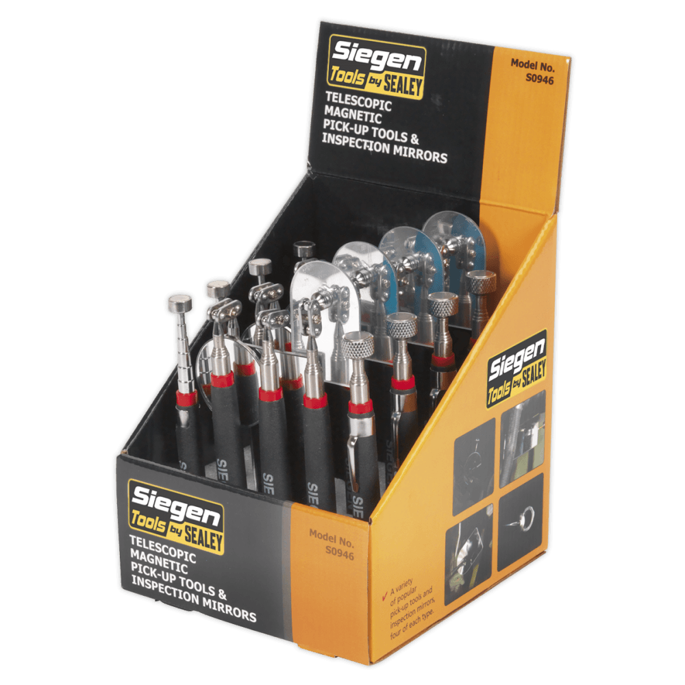 Sealey Telescopic Magnetic Pick-Up Tools & Inspection Mirrors Display Box of 20 Model No-S0946