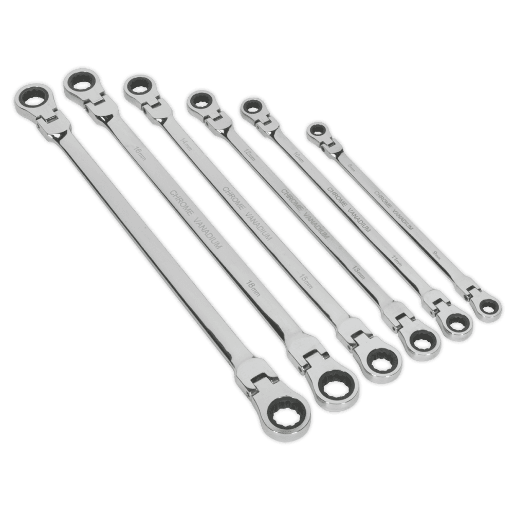 Sealey Flexi-Head Double End Ratchet Ring Spanner Set 6pc Extra-Long Metric Model No-AK63832